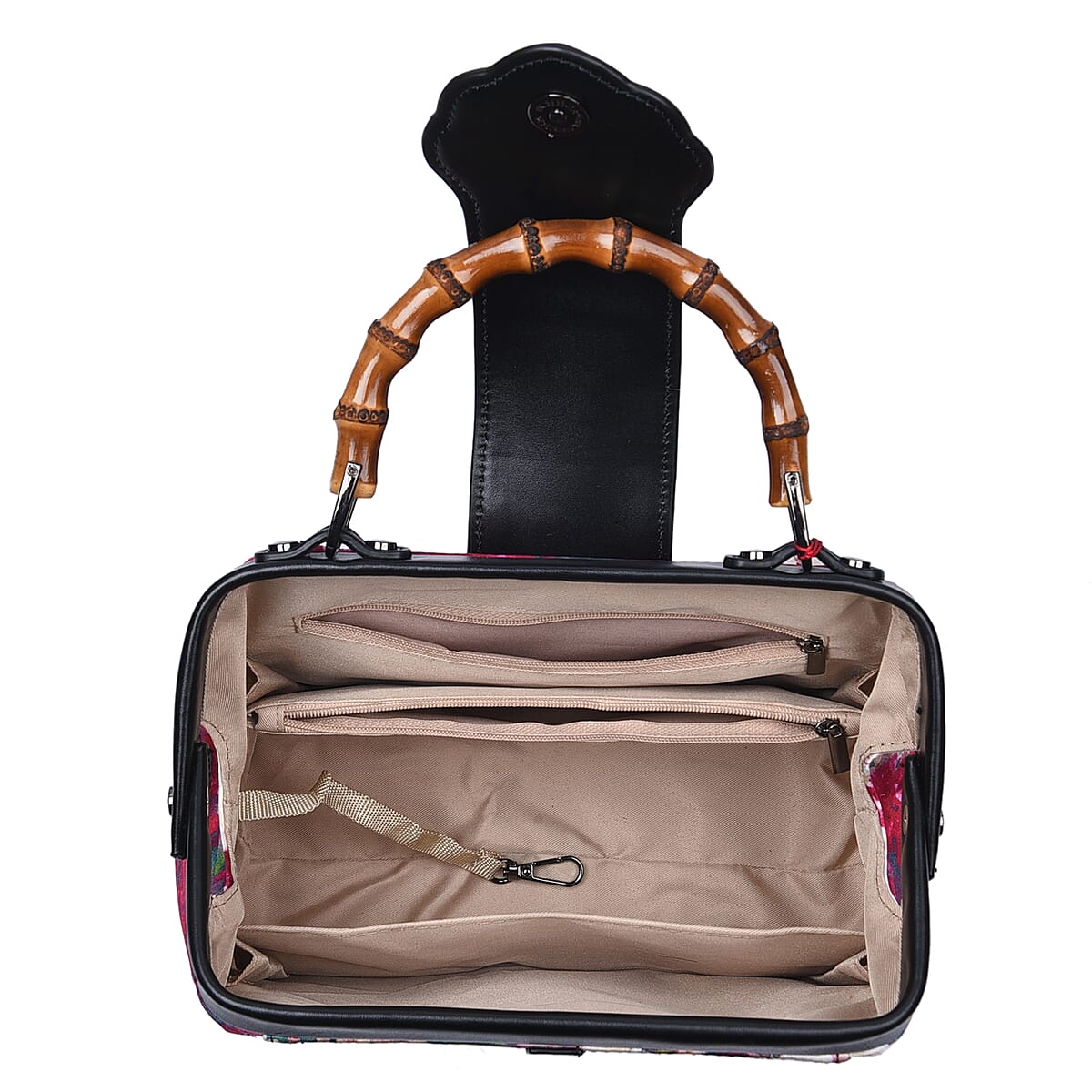 Pink Floral Pattern Silk and Genuine Leather Tote Bag for Women with Bamboo Handle Drop| Satchel Purse| Shoulder Handbag image number 5