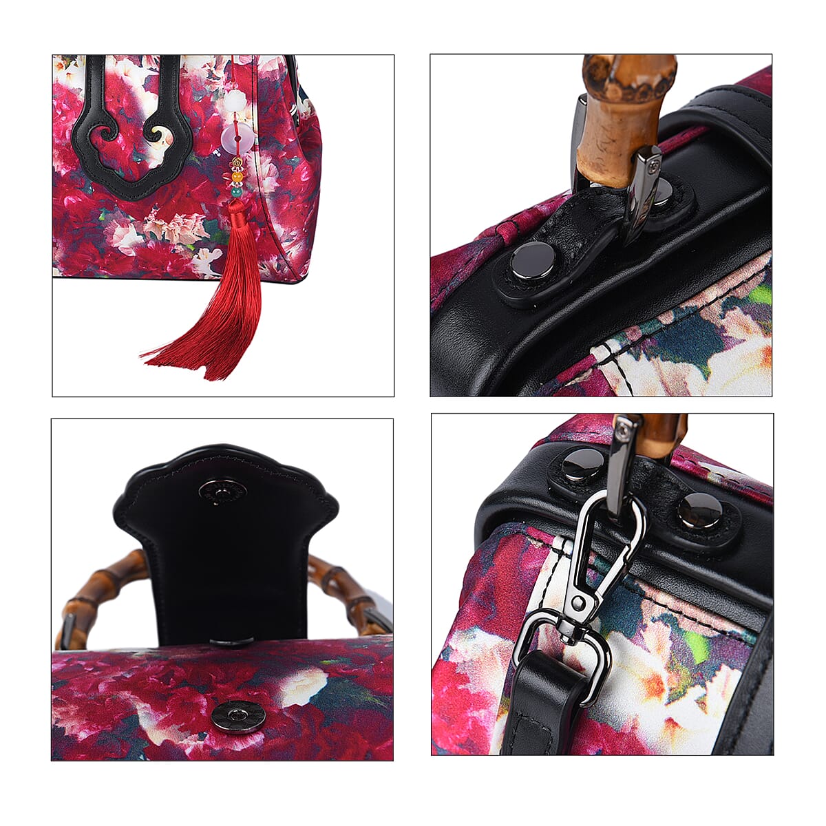 Pink Floral Pattern Silk and Genuine Leather Tote Bag for Women with Bamboo Handle Drop| Satchel Purse| Shoulder Handbag image number 6