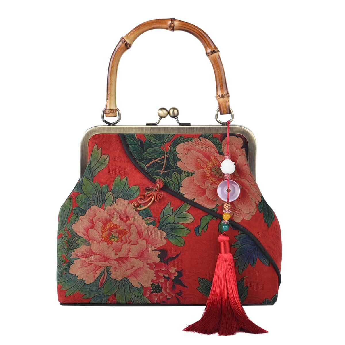 Red Peony Pattern Gambiered Canton Gauze with Genuine Leather Tote Bag with Bamboo Handle Drop image number 0