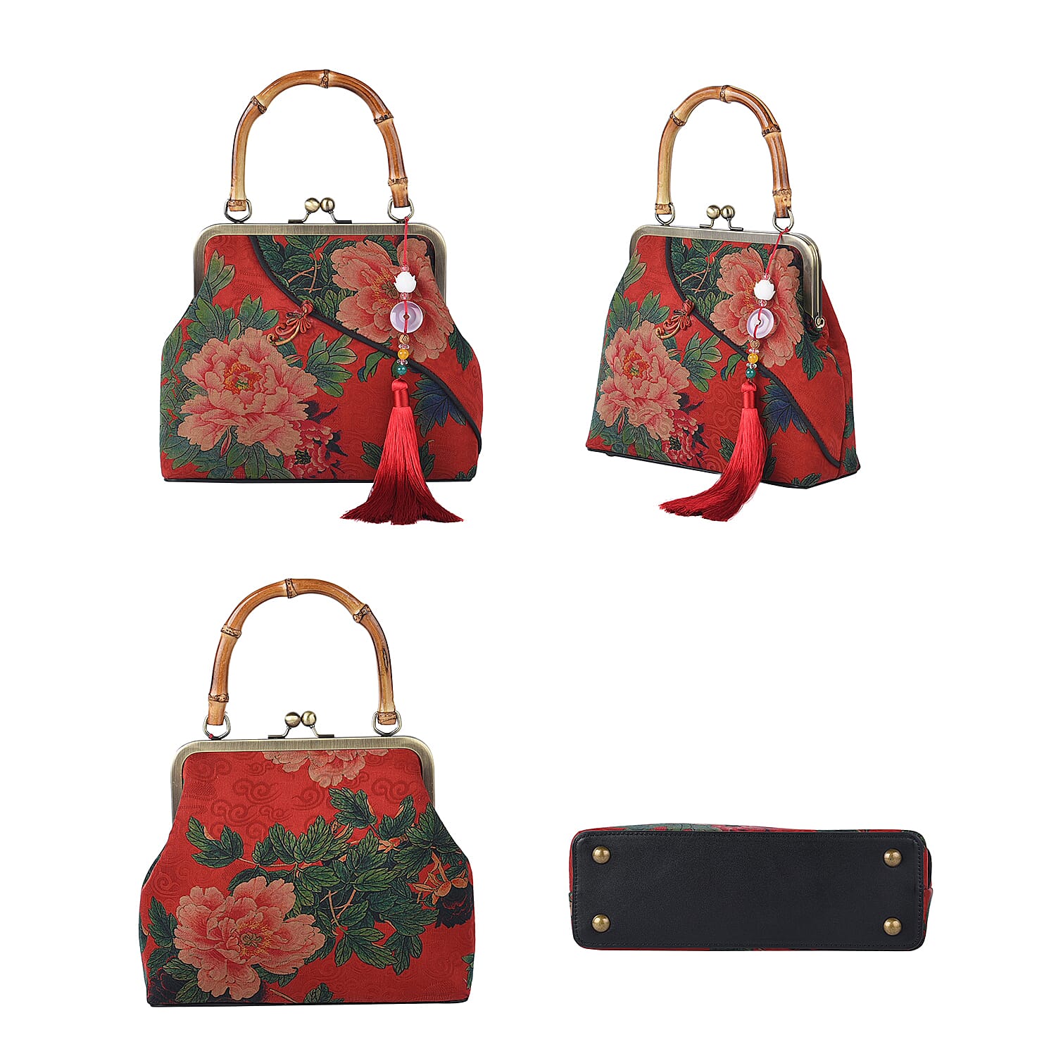 Red Peony Pattern Gambiered Canton Gauze with Genuine Leather Tote Bag with Bamboo Handle Drop