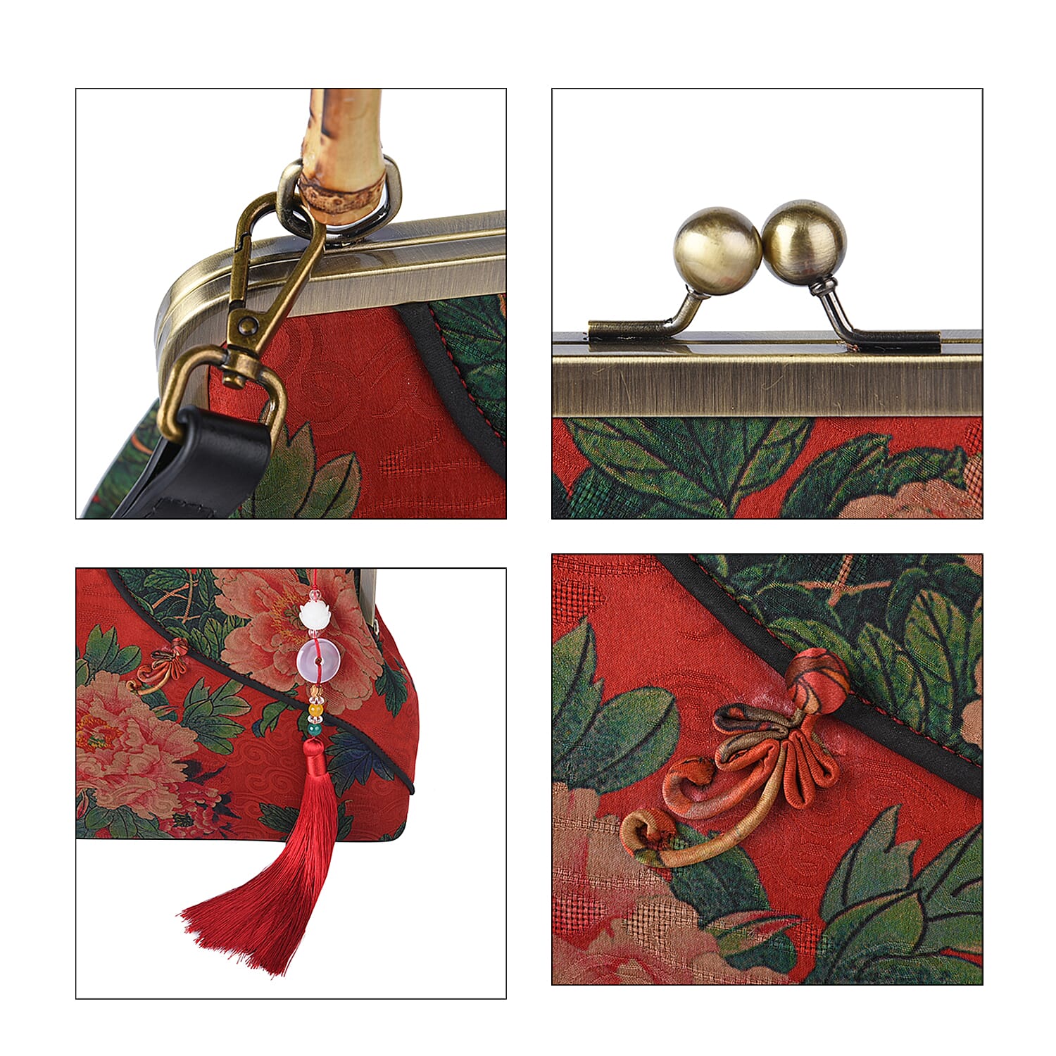 Red Peony Pattern Gambiered Canton Gauze with Genuine Leather Tote Bag with Bamboo Handle Drop