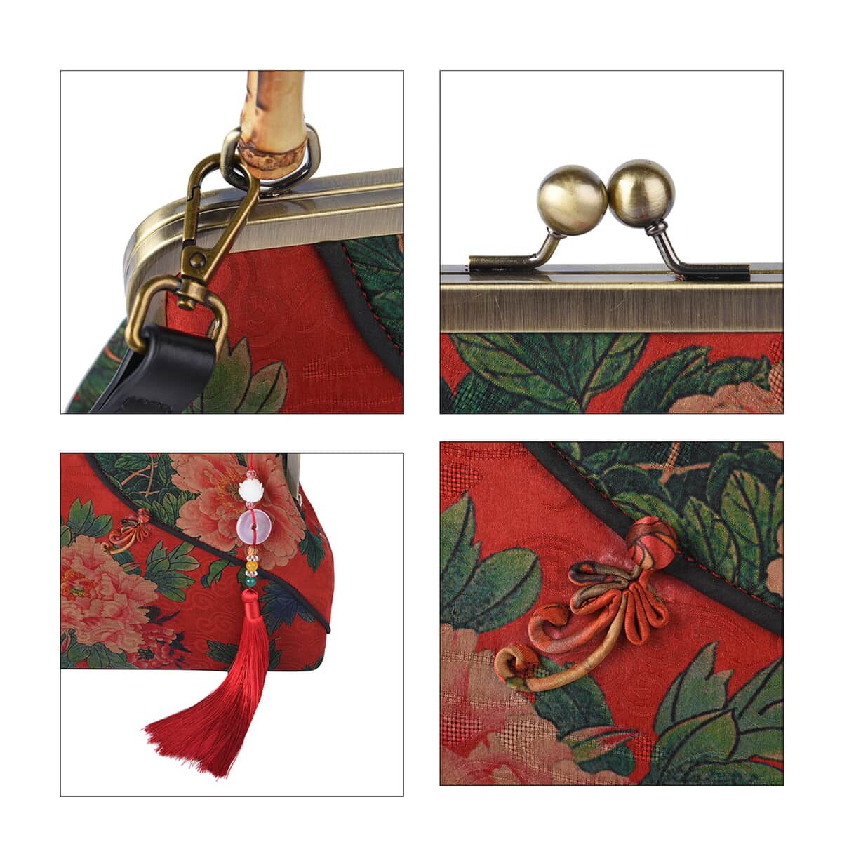 Red Peony Pattern Gambiered Canton Gauze with Genuine Leather Tote Bag with Bamboo Handle Drop image number 4