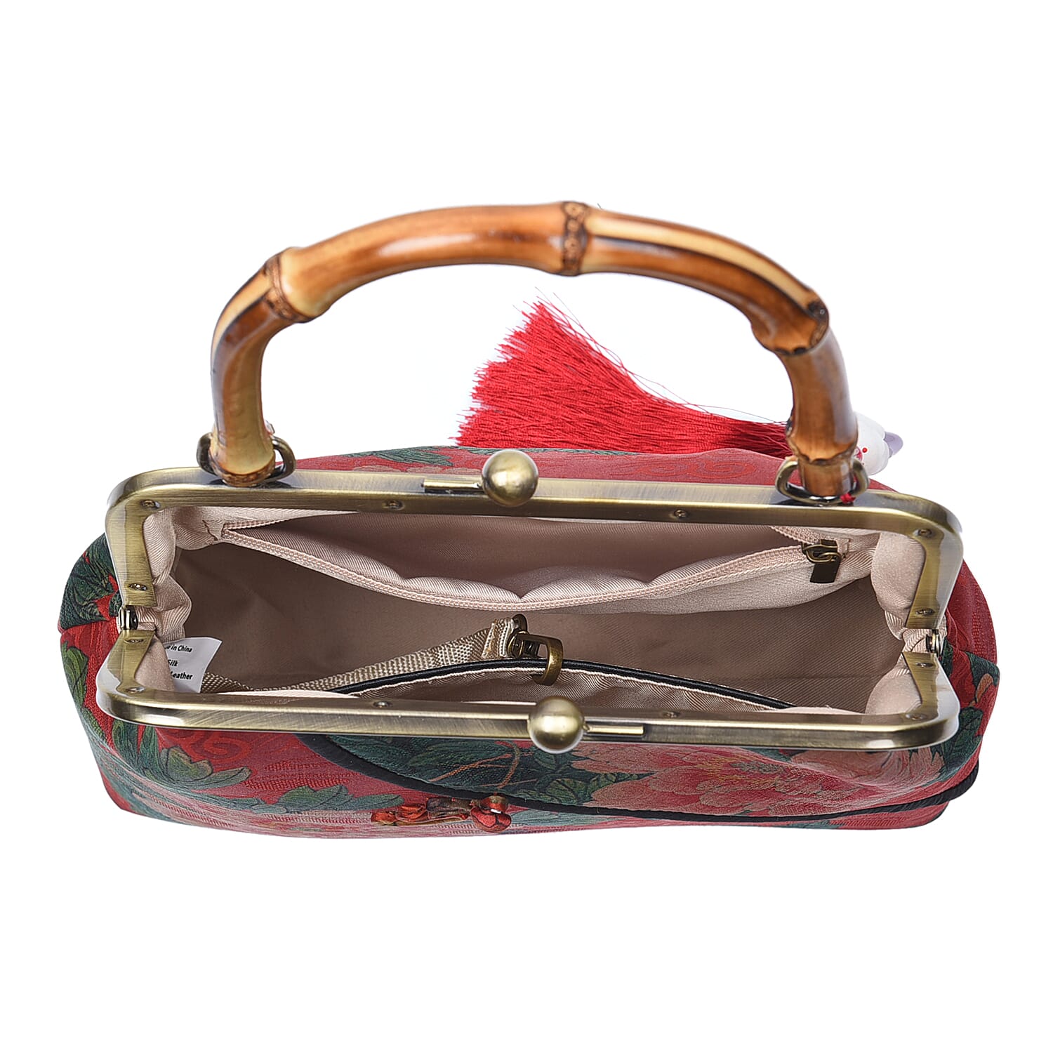 Red Peony Pattern Gambiered Canton Gauze with Genuine Leather Tote Bag with Bamboo Handle Drop