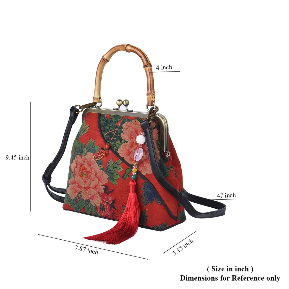 Red Peony Pattern Gambiered Canton Gauze with Genuine Leather Tote Bag with Bamboo Handle Drop image number 6