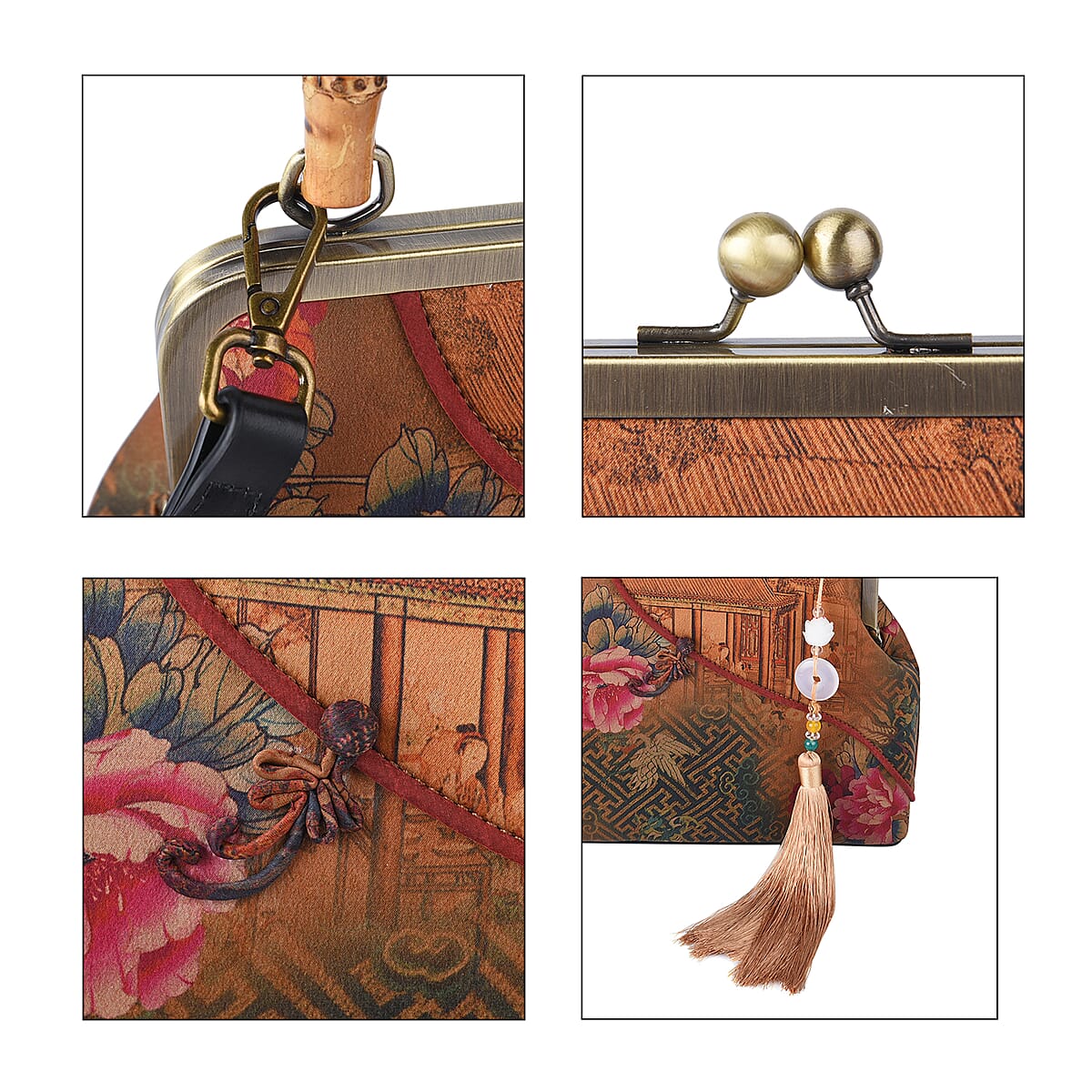 Teal Peony and Ancient Chinese Architecture Pattern Gambiered Canton Gauze with Genuine Leather Tote Bag with Bamboo Handle Drop image number 4