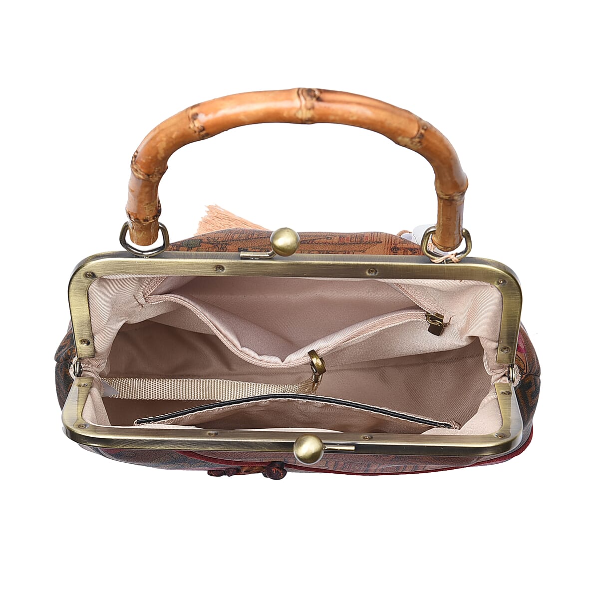 Teal Peony and Ancient Chinese Architecture Pattern Gambiered Canton Gauze with Genuine Leather Tote Bag with Bamboo Handle Drop image number 5