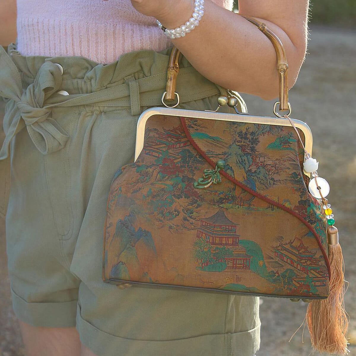 Tan Asian Ancient Architecture Pattern Gambiered Canton Gauze with Genuine Leather Tote Bag with Bamboo Handle Drop image number 2