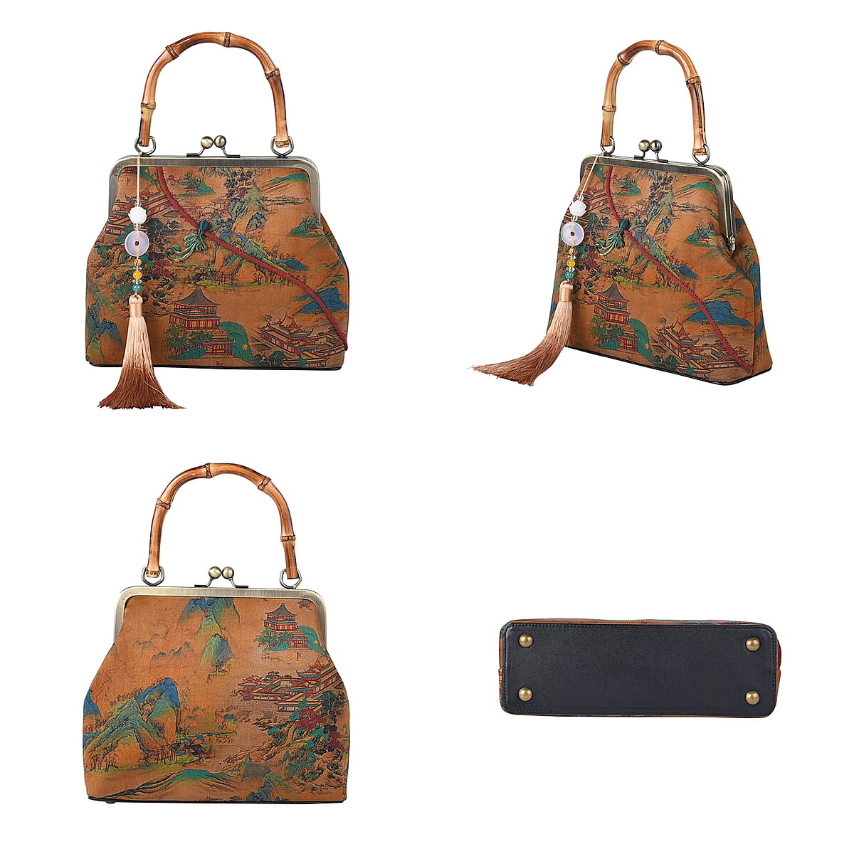Tan Asian Ancient Architecture Pattern Gambiered Canton Gauze with Genuine Leather Tote Bag with Bamboo Handle Drop image number 3