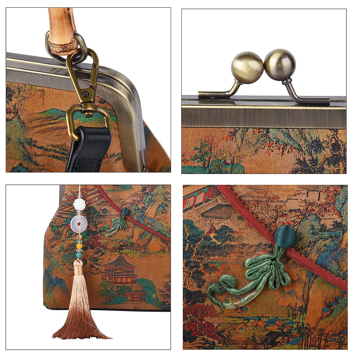 Tan Asian Ancient Architecture Pattern Gambiered Canton Gauze with Genuine Leather Tote Bag with Bamboo Handle Drop image number 4