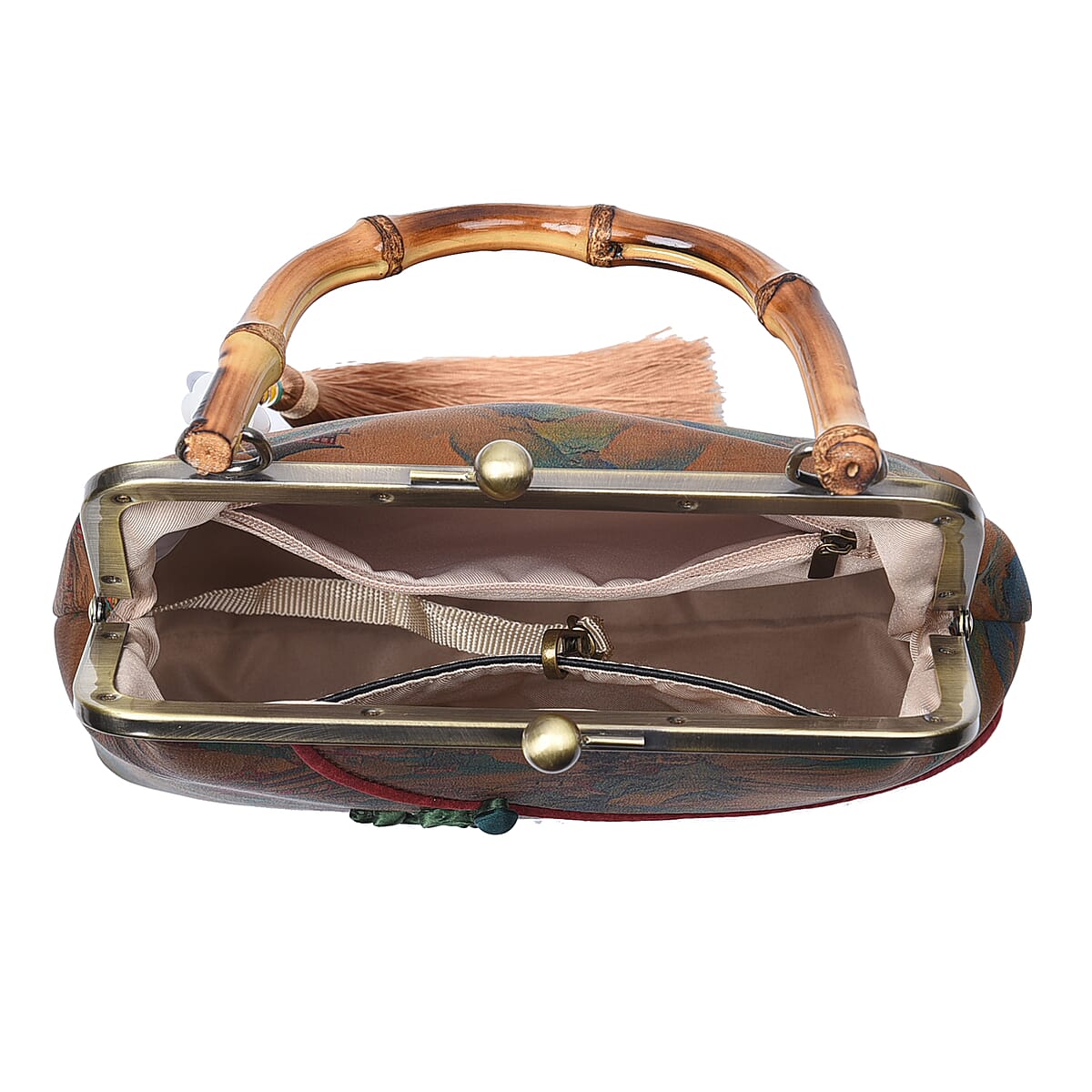 Tan Asian Ancient Architecture Pattern Gambiered Canton Gauze with Genuine Leather Tote Bag with Bamboo Handle Drop image number 5