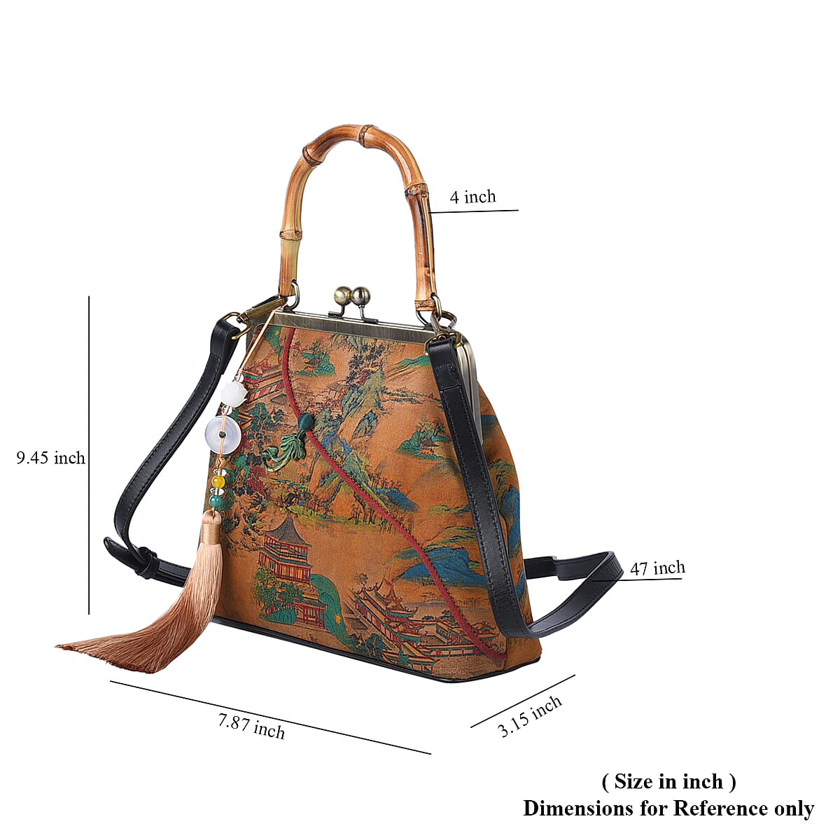 Tan Asian Ancient Architecture Pattern Gambiered Canton Gauze with Genuine Leather Tote Bag with Bamboo Handle Drop image number 6