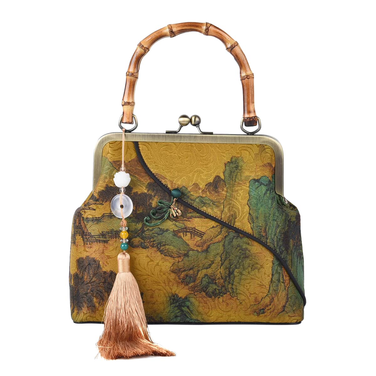 Mustard Adorned with Mountain Forest Pattern Gambiered Canton Gauze with Genuine Leather Tote Bag with Bamboo Handle Drop image number 0