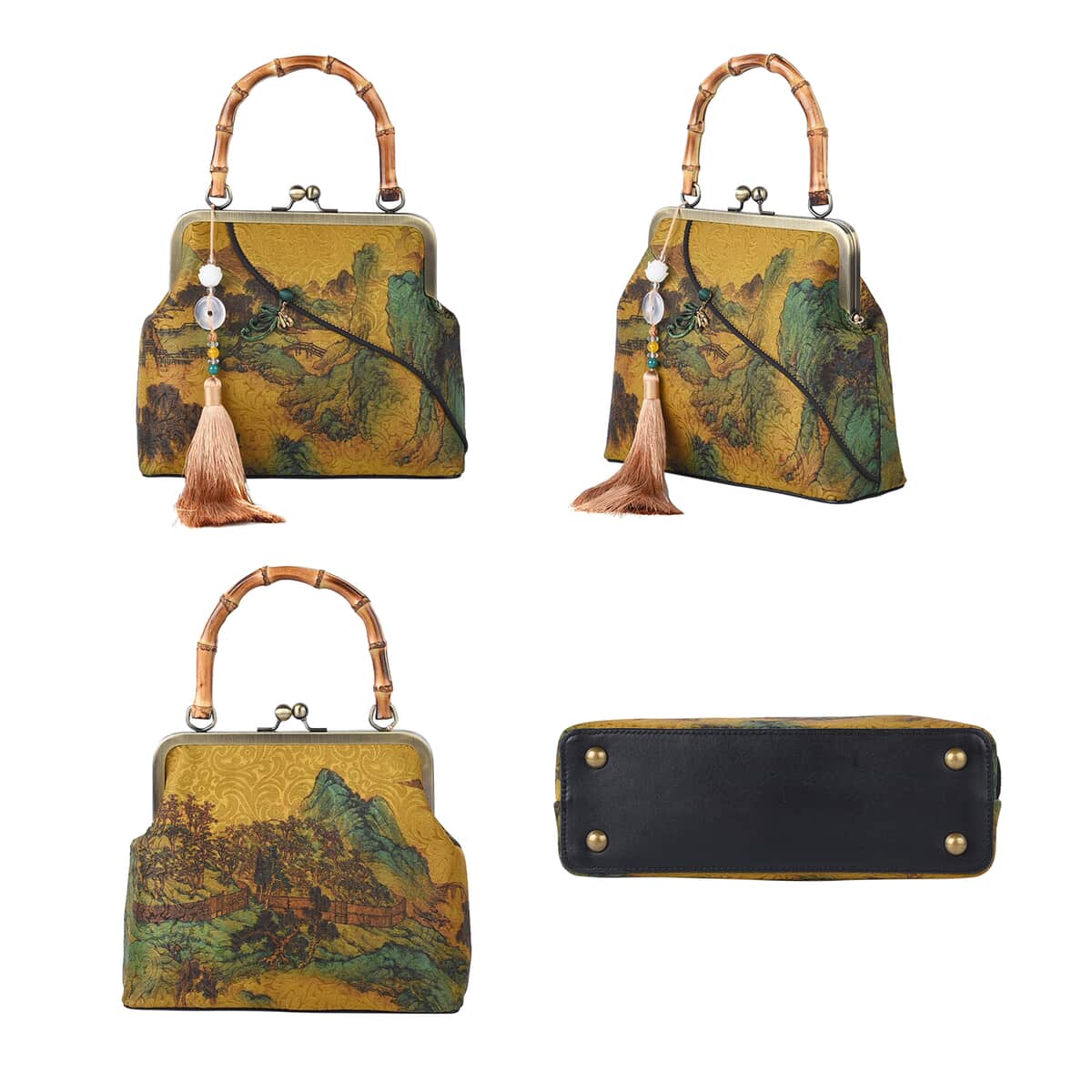 Mustard Adorned with Mountain Forest Pattern Gambiered Canton Gauze with Genuine Leather Tote Bag with Bamboo Handle Drop image number 3