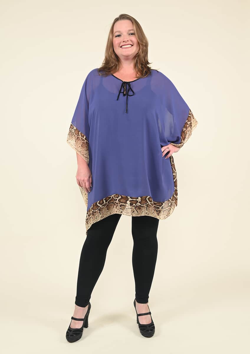 Tamsy Blue Kaftan Blouse with Fret Pattern Border - (One Size Fits up to XL) image number 0