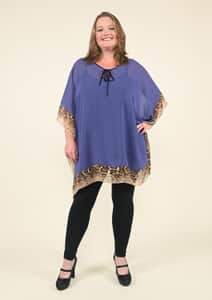 Tamsy Blue Kaftan Blouse with Fret Pattern Border - (One Size Fits up to XL)