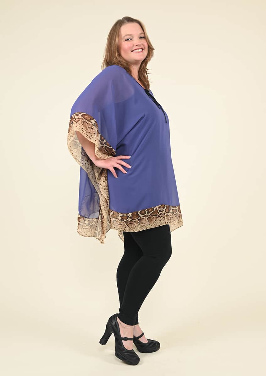 Tamsy Blue Kaftan Blouse with Fret Pattern Border - (One Size Fits up to XL) image number 1