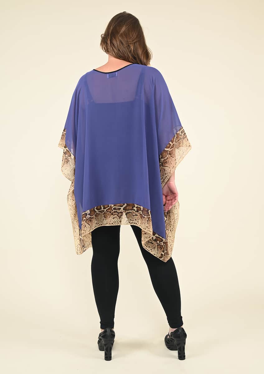 Tamsy Blue Kaftan Blouse with Fret Pattern Border - (One Size Fits up to XL) image number 2