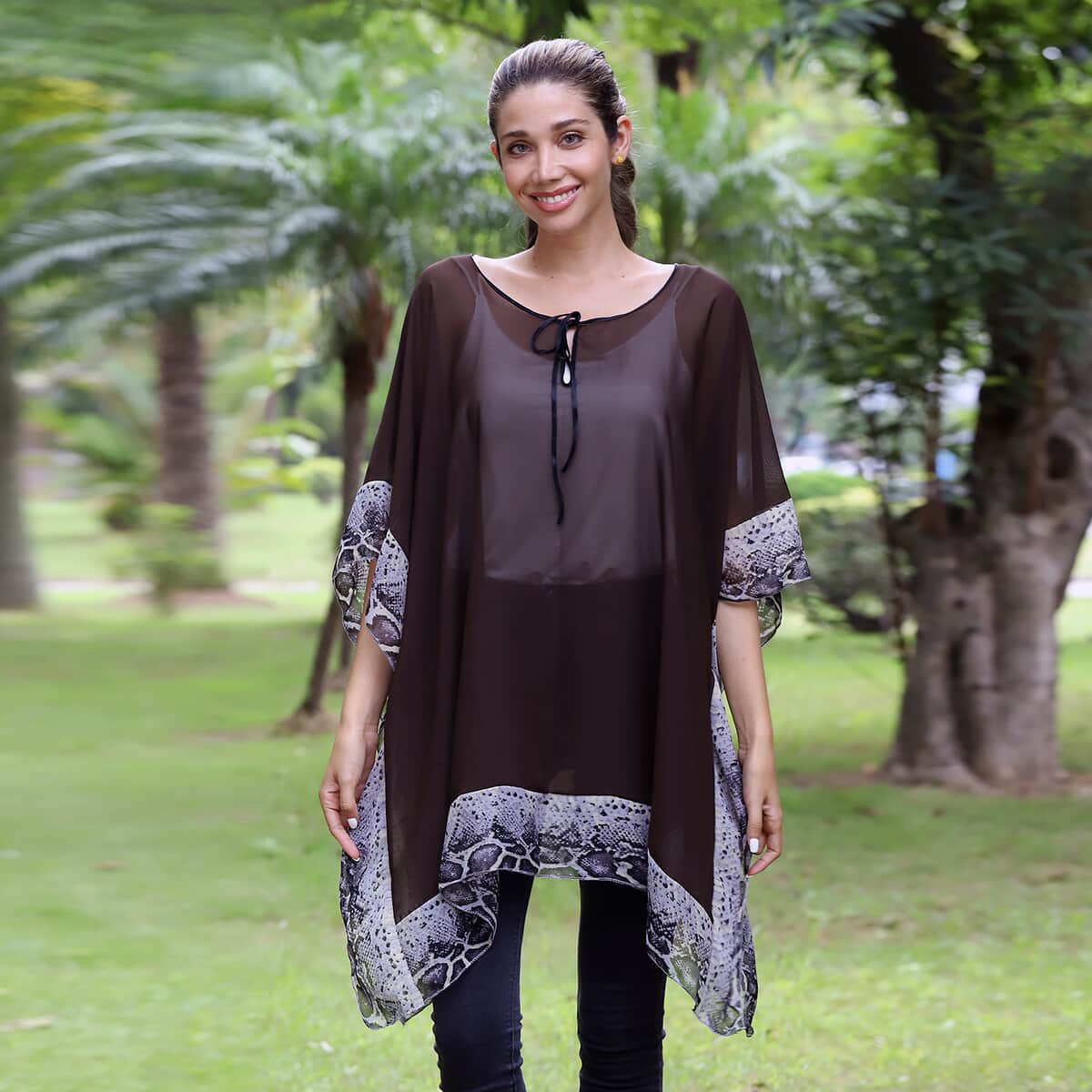 Tamsy Brown Kaftan Blouse with Fret Pattern Border - (One Size Fits up to XL) image number 0