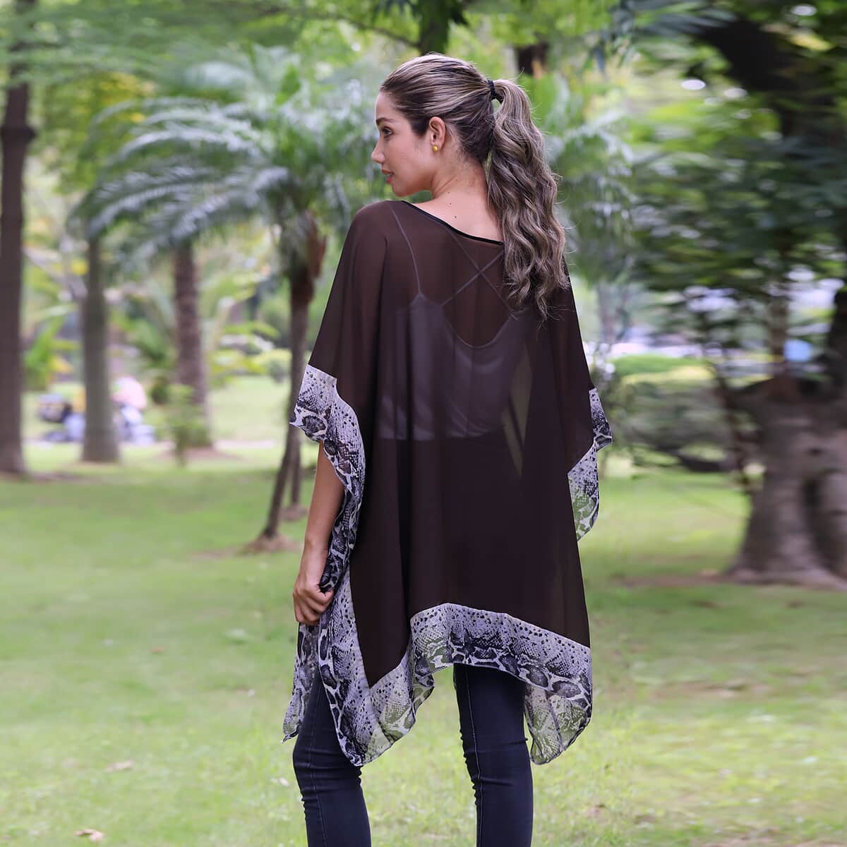 Tamsy Brown Kaftan Blouse with Fret Pattern Border - (One Size Fits up to XL) image number 1