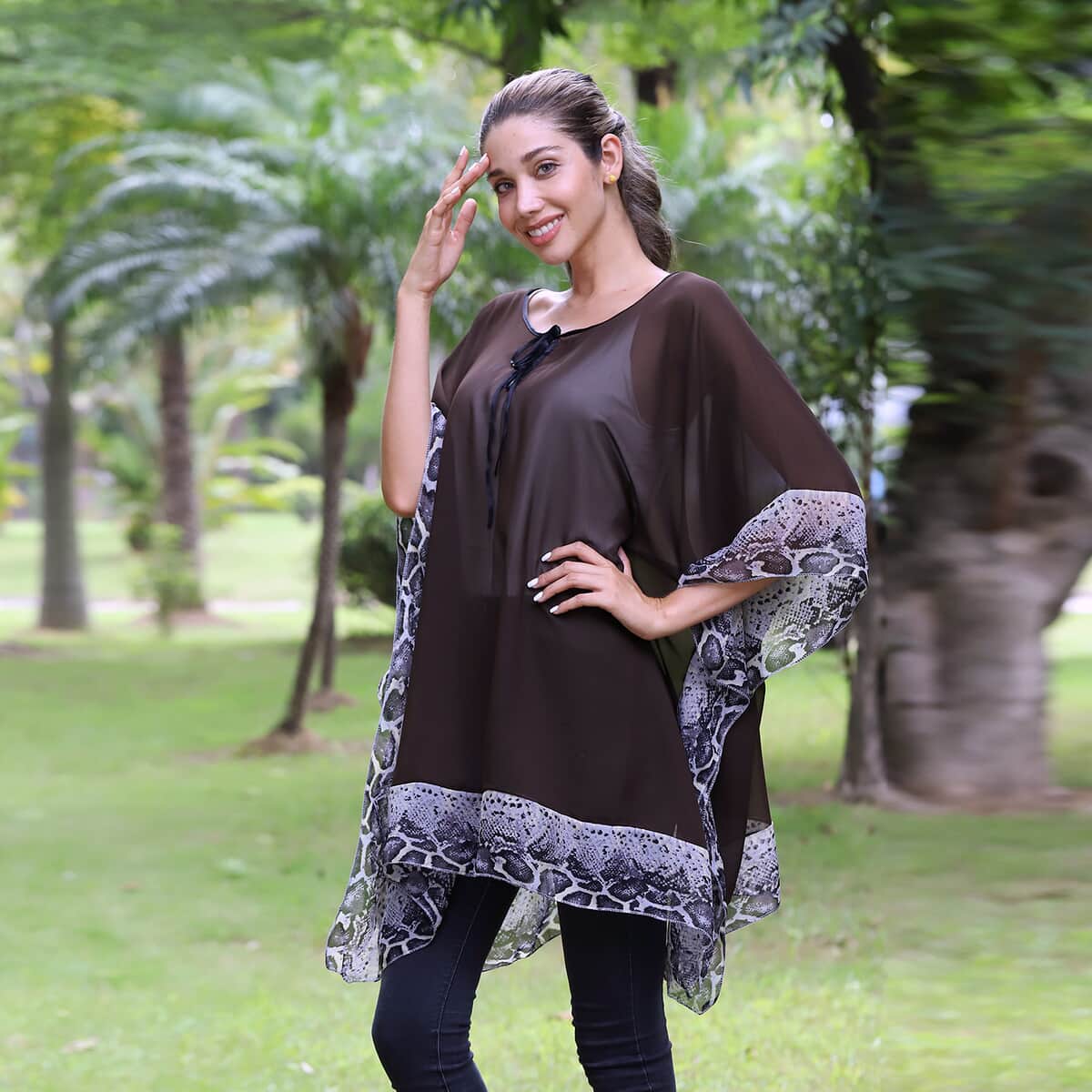 Tamsy Brown Kaftan Blouse with Fret Pattern Border - (One Size Fits up to XL) image number 2