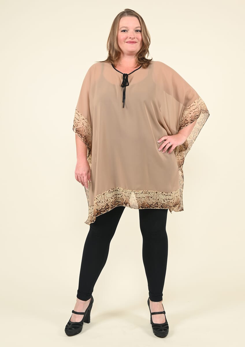 Tamsy Tan Kaftan Blouse with Fret Pattern Border - (One Size Fits up to XL) image number 0