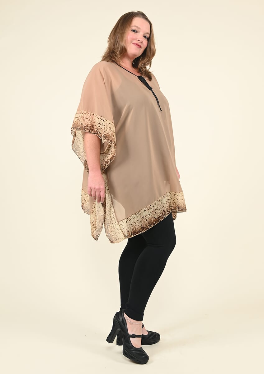 Tamsy Tan Kaftan Blouse with Fret Pattern Border - (One Size Fits up to XL) image number 1