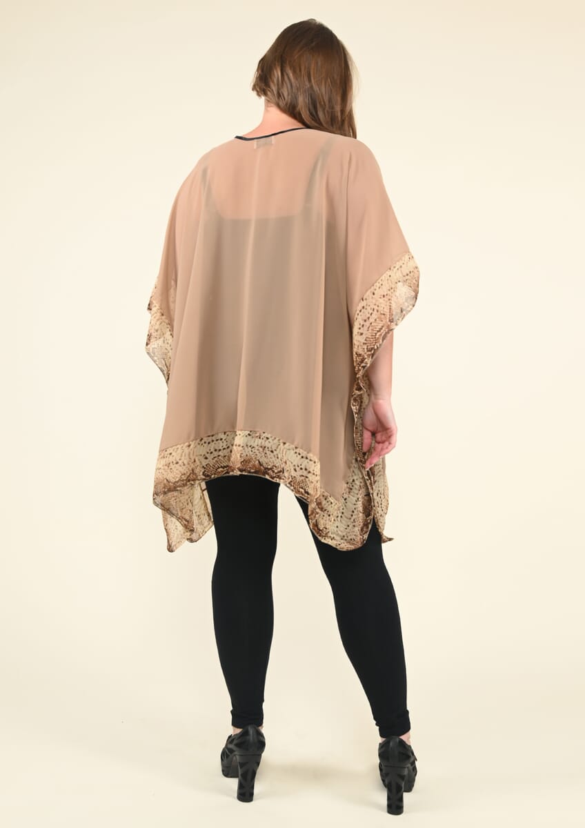 Tamsy Tan Kaftan Blouse with Fret Pattern Border - (One Size Fits up to XL) image number 2