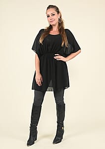 Tamsy Black Chiffon Drape Blouse with Elastic Waistband - (One Size Fits up to XL)