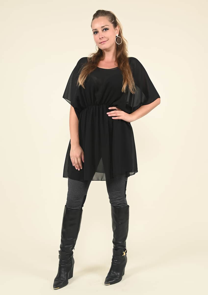 Tamsy Black Chiffon Drape Blouse with Elastic Waistband - (One Size Fits up to XL) image number 0