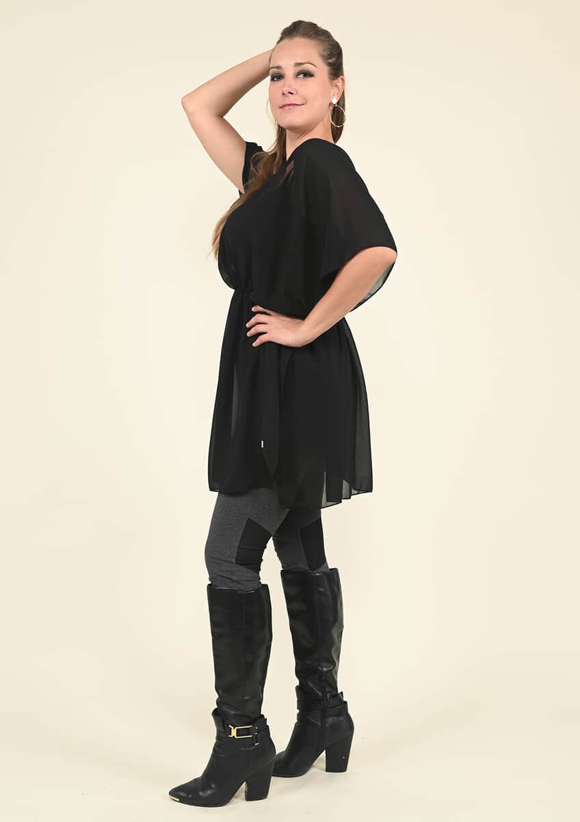 Tamsy Black Chiffon Drape Blouse with Elastic Waistband - (One Size Fits up to XL) image number 1