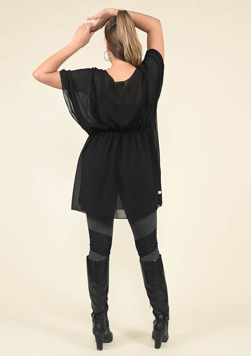 Tamsy Black Chiffon Drape Blouse with Elastic Waistband - (One Size Fits up to XL) image number 2