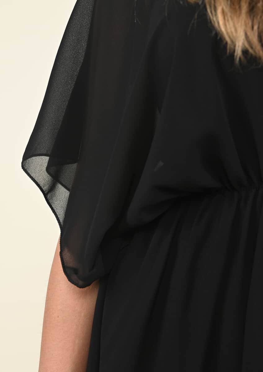 Tamsy Black Chiffon Drape Blouse with Elastic Waistband - (One Size Fits up to XL) image number 3
