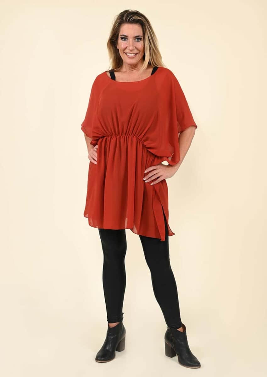 Tamsy Burgundy Chiffon Drape Blouse with Elastic Waistband - (One Size Fits up to XL) image number 0