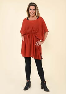 Tamsy Burgundy Chiffon Drape Blouse with Elastic Waistband - (One Size Fits up to XL)