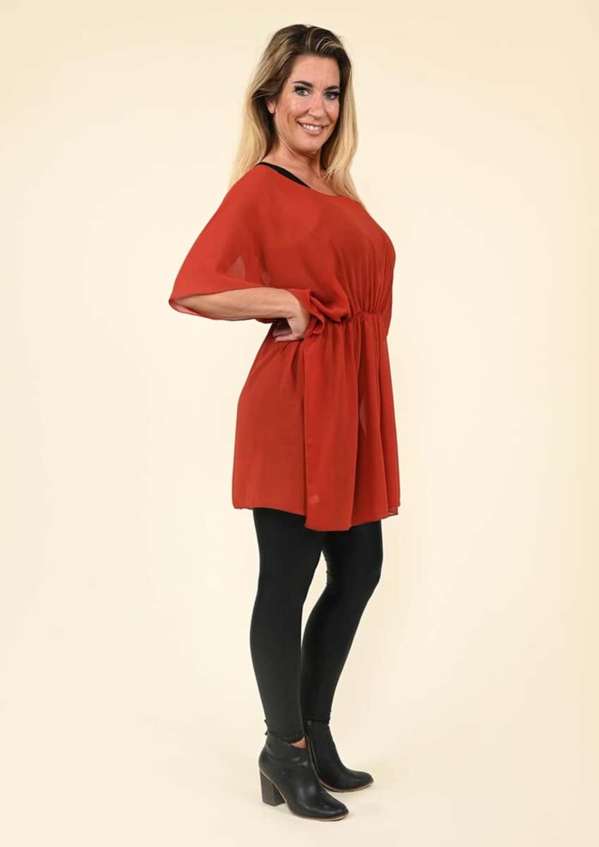 Tamsy Burgundy Chiffon Drape Blouse with Elastic Waistband - (One Size Fits up to XL) image number 2