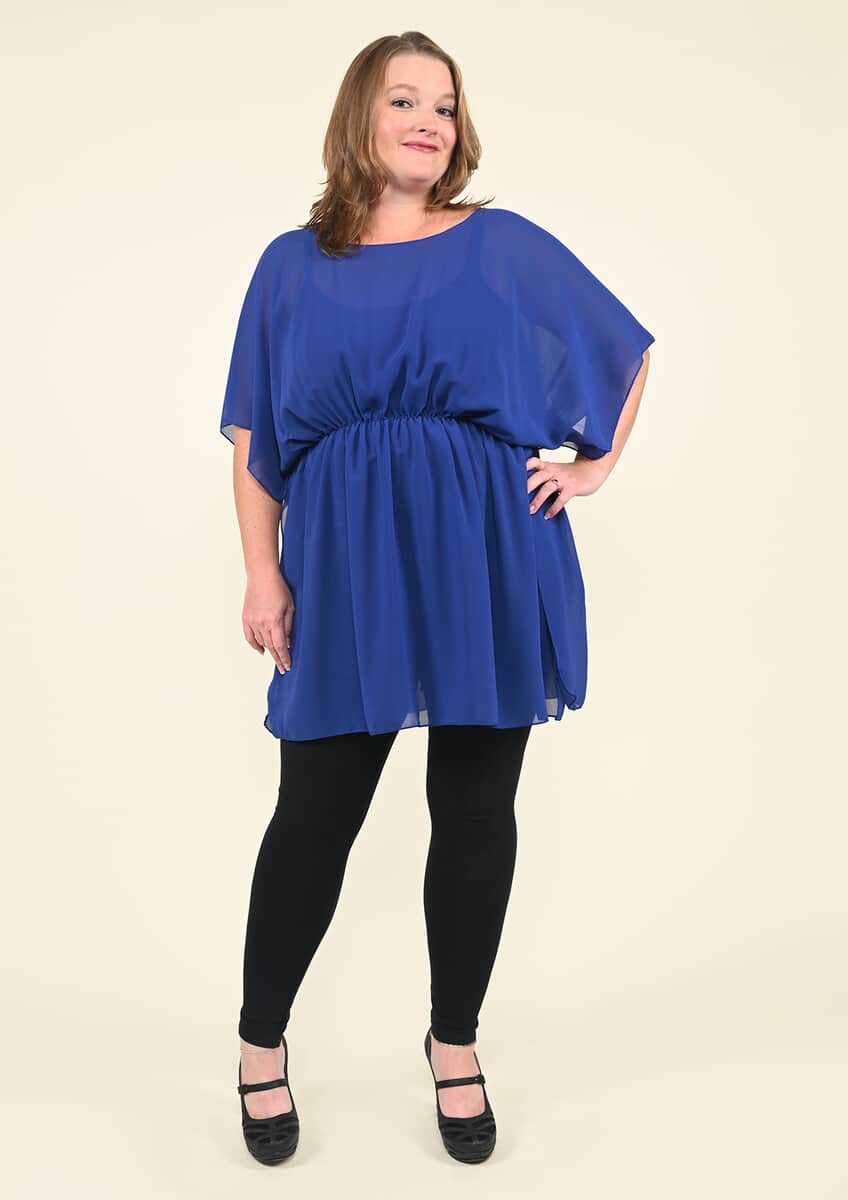 Tamsy Navy Blue Chiffon Drape Blouse with Elastic Waistband - (One Size fits up to XL) image number 0