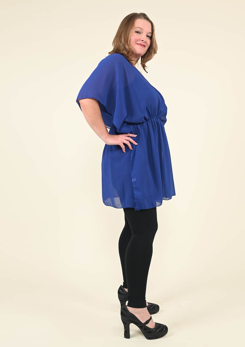 Tamsy Navy Blue Chiffon Drape Blouse with Elastic Waistband - (One Size fits up to XL) image number 1