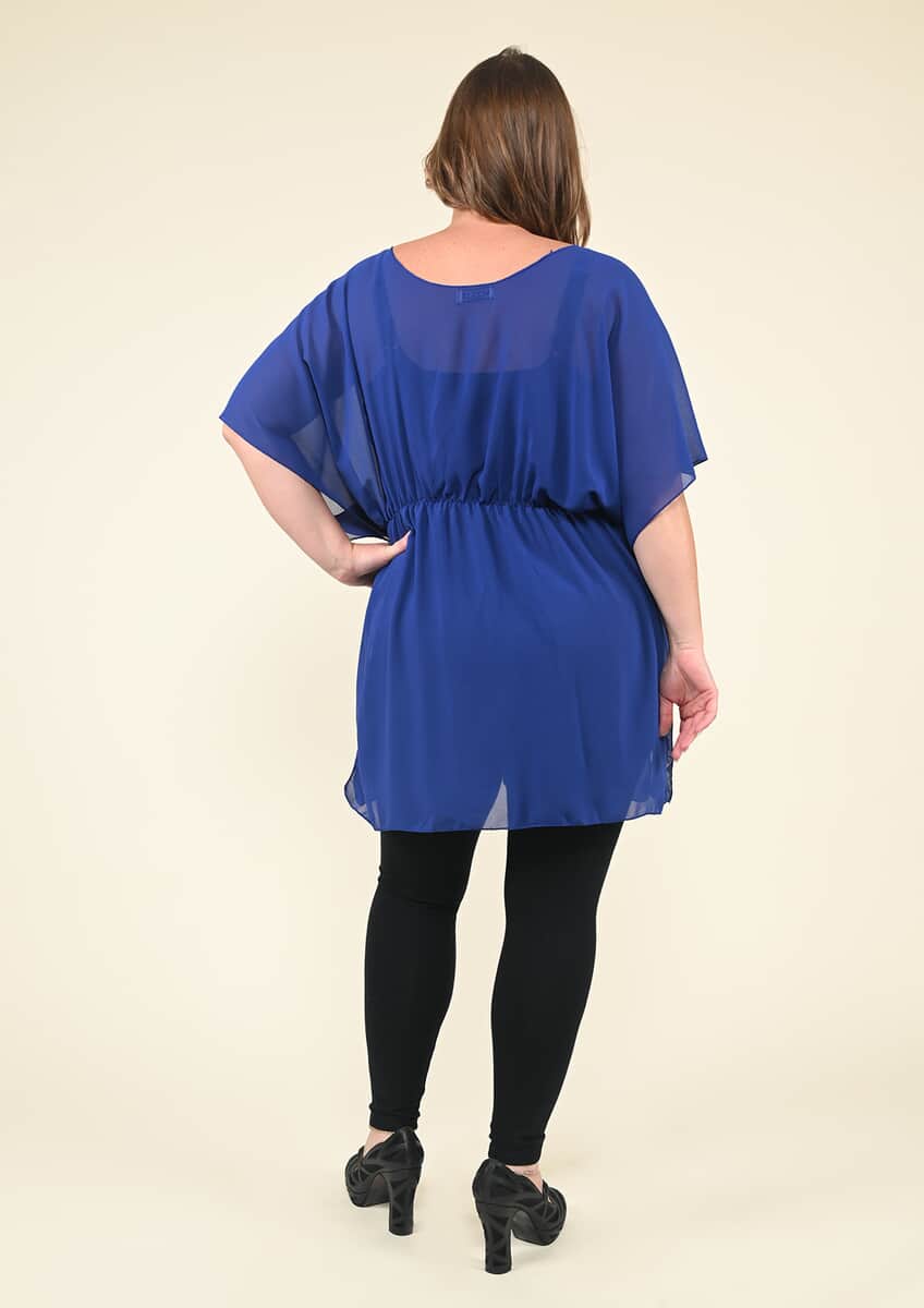 Tamsy Navy Blue Chiffon Drape Blouse with Elastic Waistband - (One Size fits up to XL) image number 2