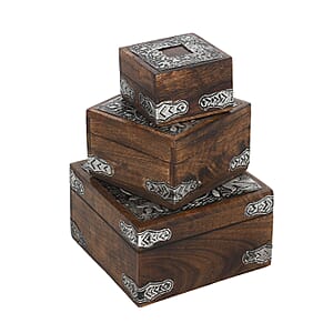 Set of 3 Antique Burnt Finish Square Boxes with Aluminium Work