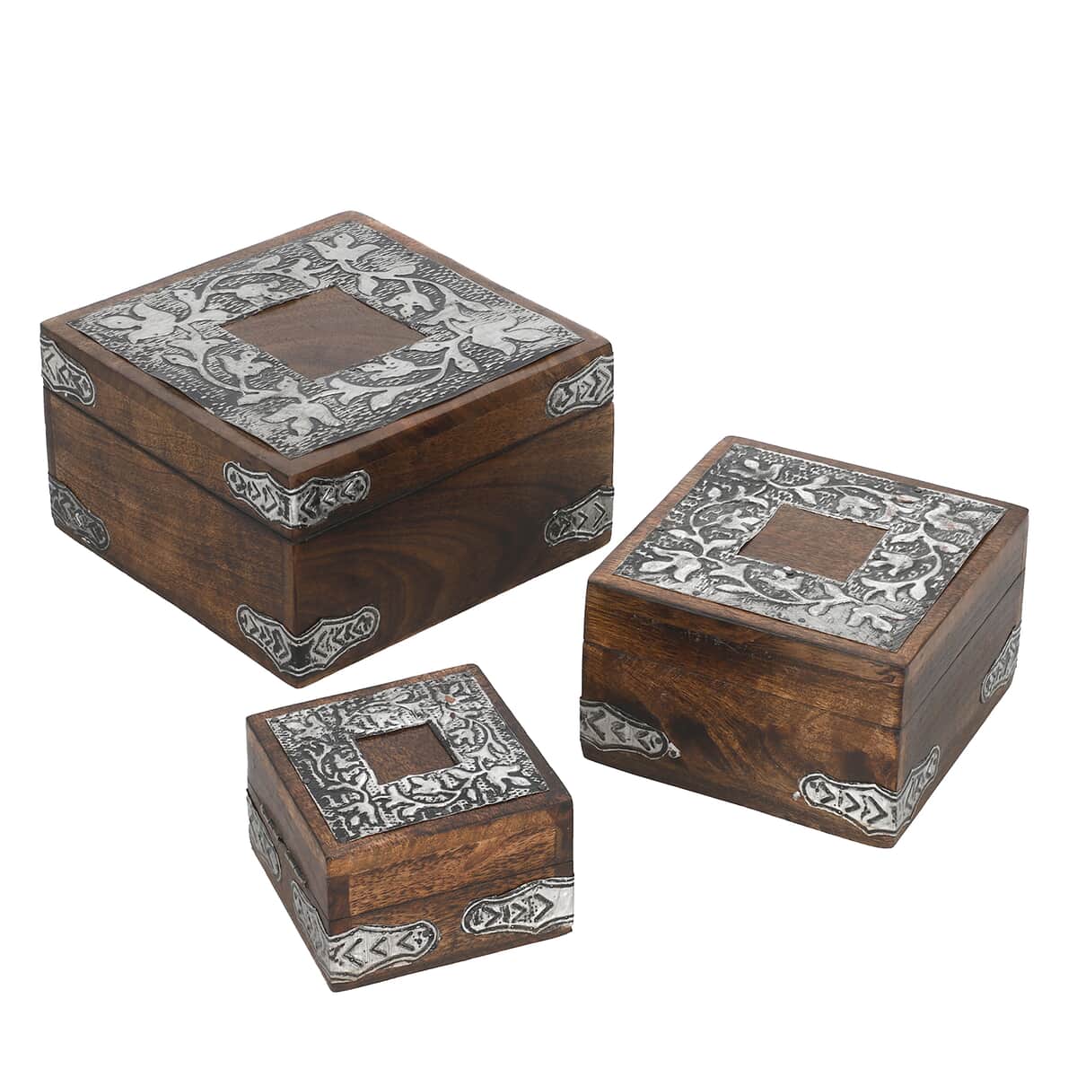 Set of 3 Antique Burnt Finish Square Boxes with Aluminium Work image number 5