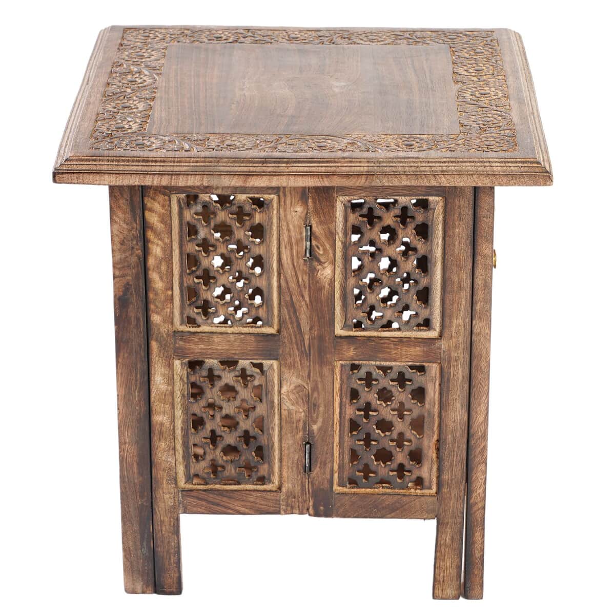 Handcarved Brown Square Knock Down Mango Wood Table with Window Storage image number 3