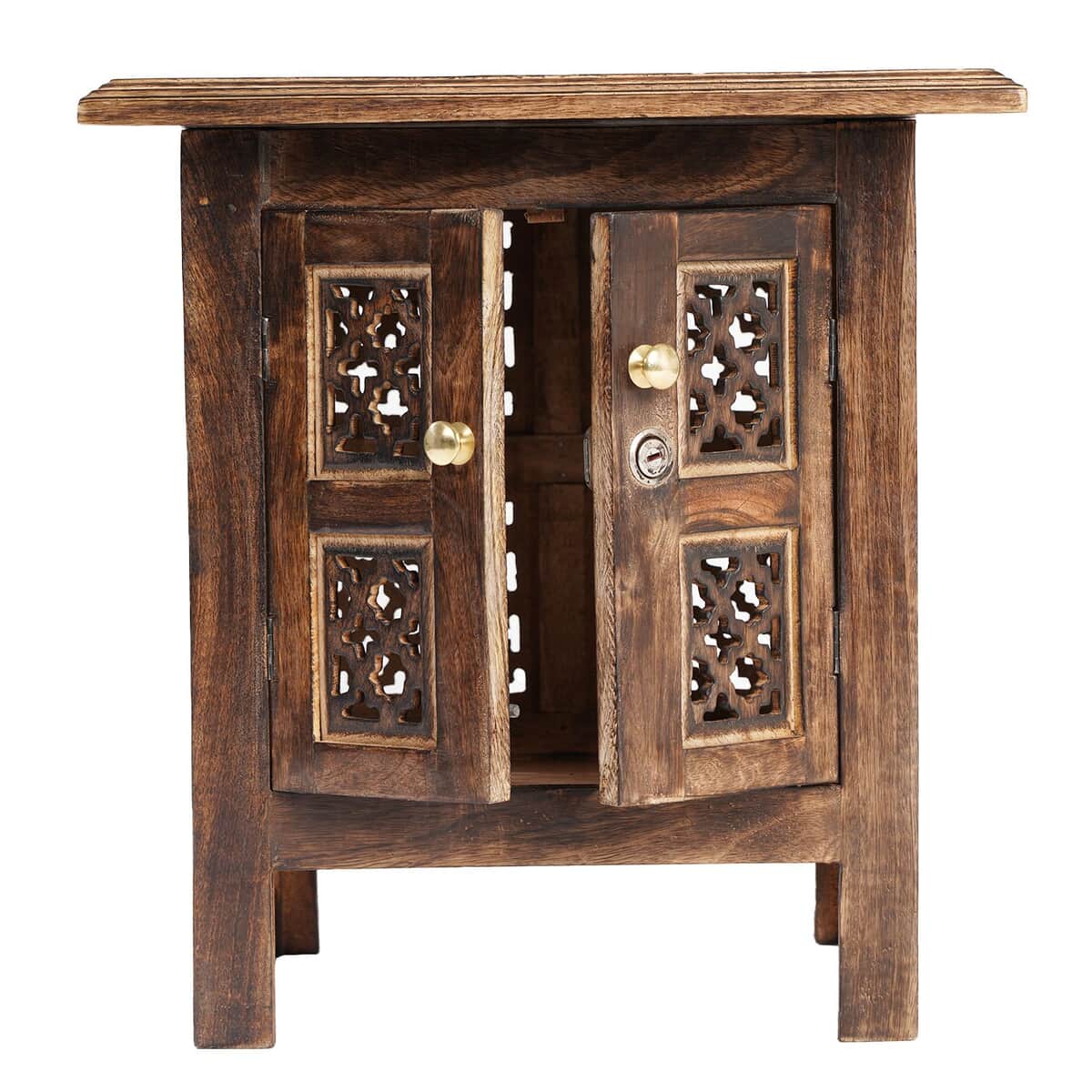 Handcarved Brown Square Knock Down Mango Wood Table with Window Storage image number 5