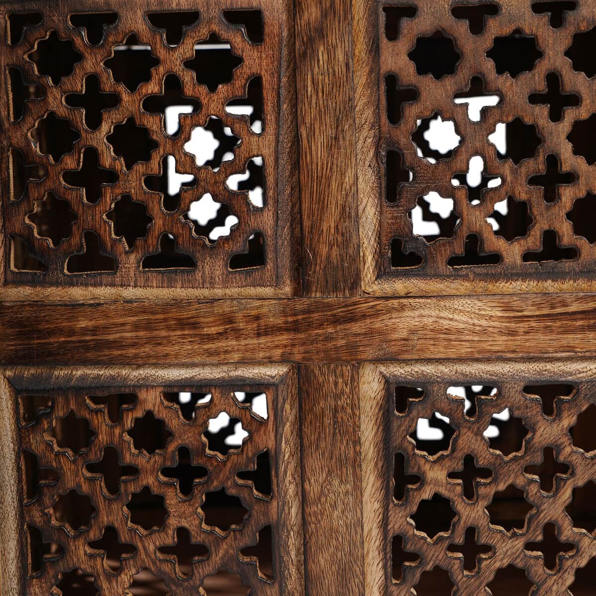 Handcarved Brown Square Knock Down Mango Wood Table with Window Storage image number 6