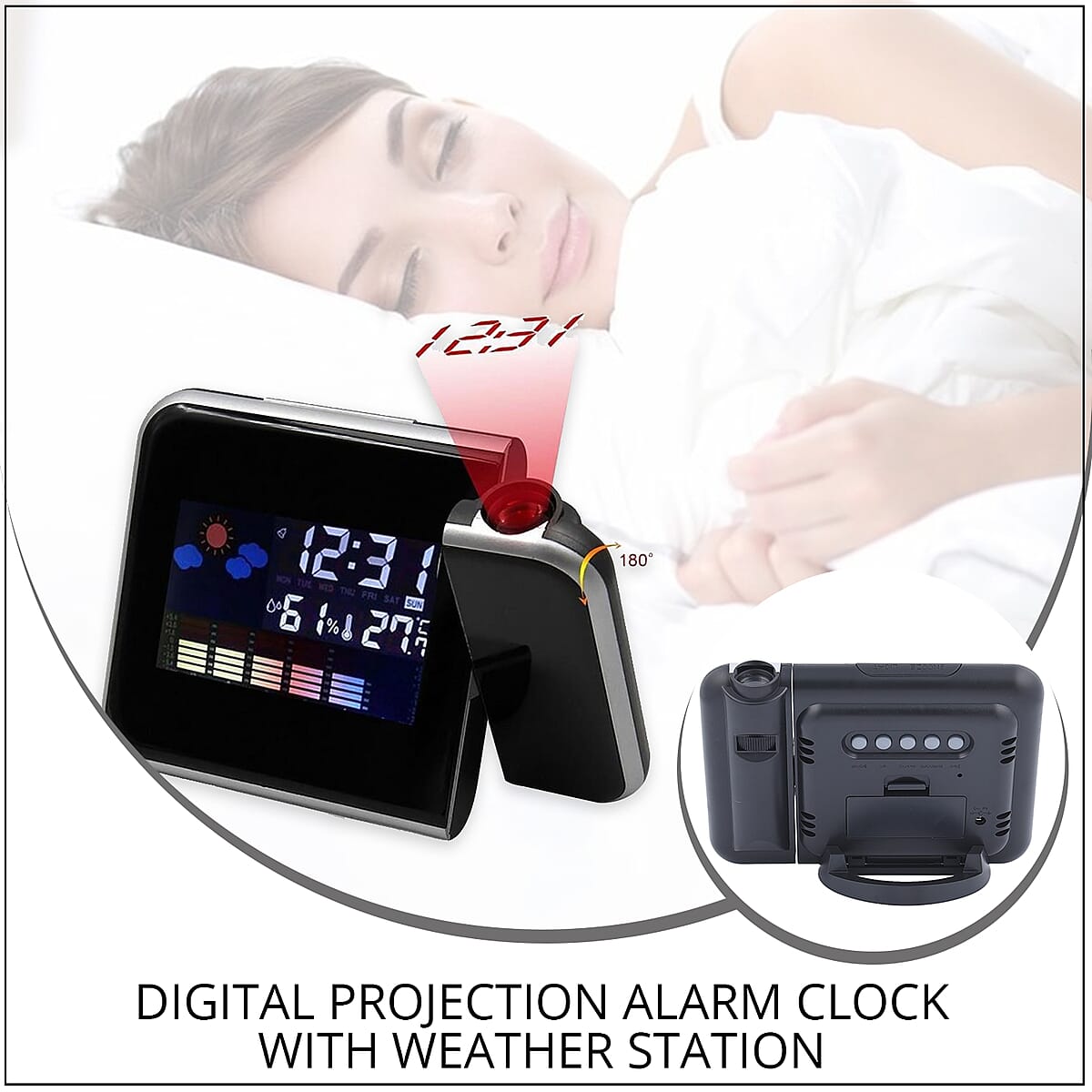 Black Digital Projection Alarm Clock with Weather Station (2xAAA Batteries Not include) image number 1