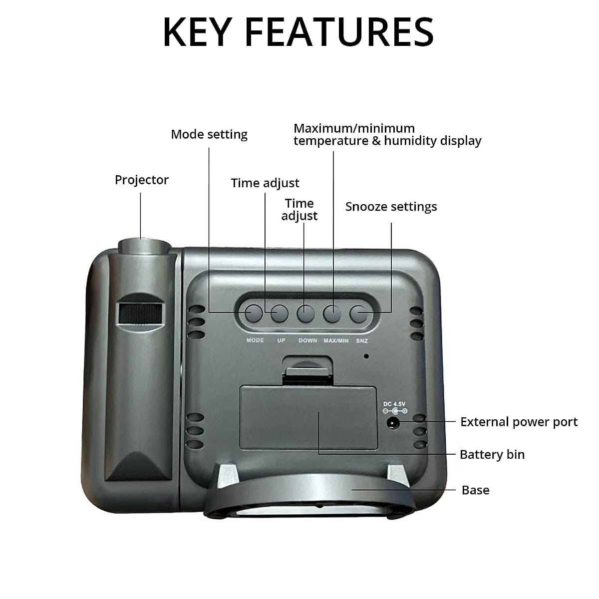 Black Digital Projection Alarm Clock with Weather Station (2xAAA Batteries Not include) image number 2