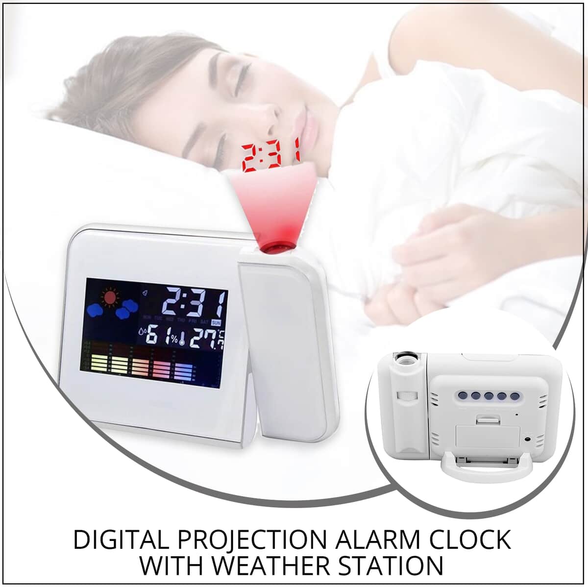 White Digital Projection Alarm Clock with Weather Station (2xAAA Batteries Not include) image number 1