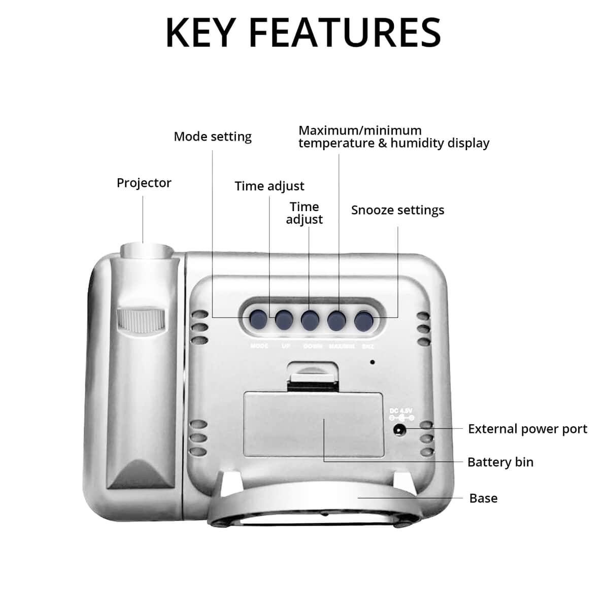 White Digital Projection Alarm Clock with Weather Station (2xAAA Batteries Not include) image number 2