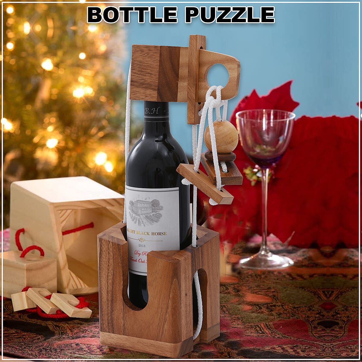 Riddle Rope Wine Bottle Puzzle with Handmade Wooden Base (750 ml) (Level 1-5) image number 1
