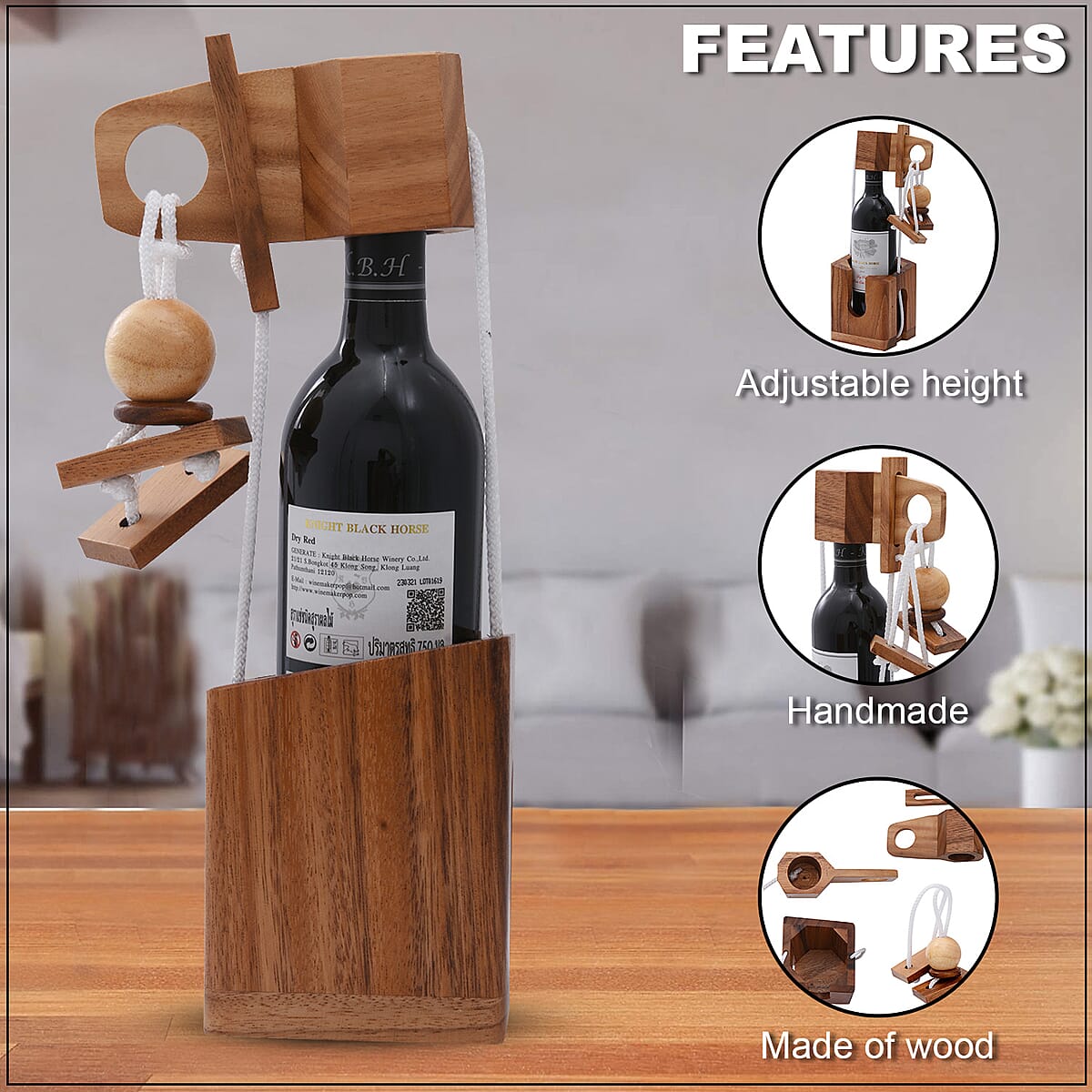 Riddle Rope Wine Bottle Puzzle with Handmade Wooden Base (750 ml) (Level 1-5) image number 2
