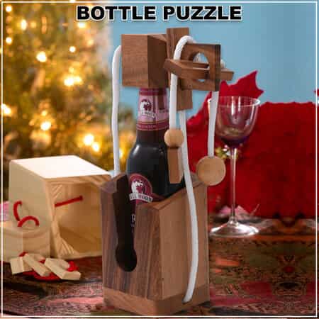 Beer Wine Bottle Puzzle with Handmade Wooden Base(330 ml) (Level 1-5) , Wooden Wine Bottle Puzzle , Wine Bottle Lock Puzzle image number 1